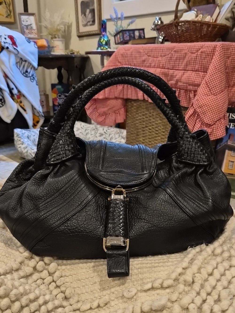 Black Leather Braided-Handle Fendi Spy Bag Satchel